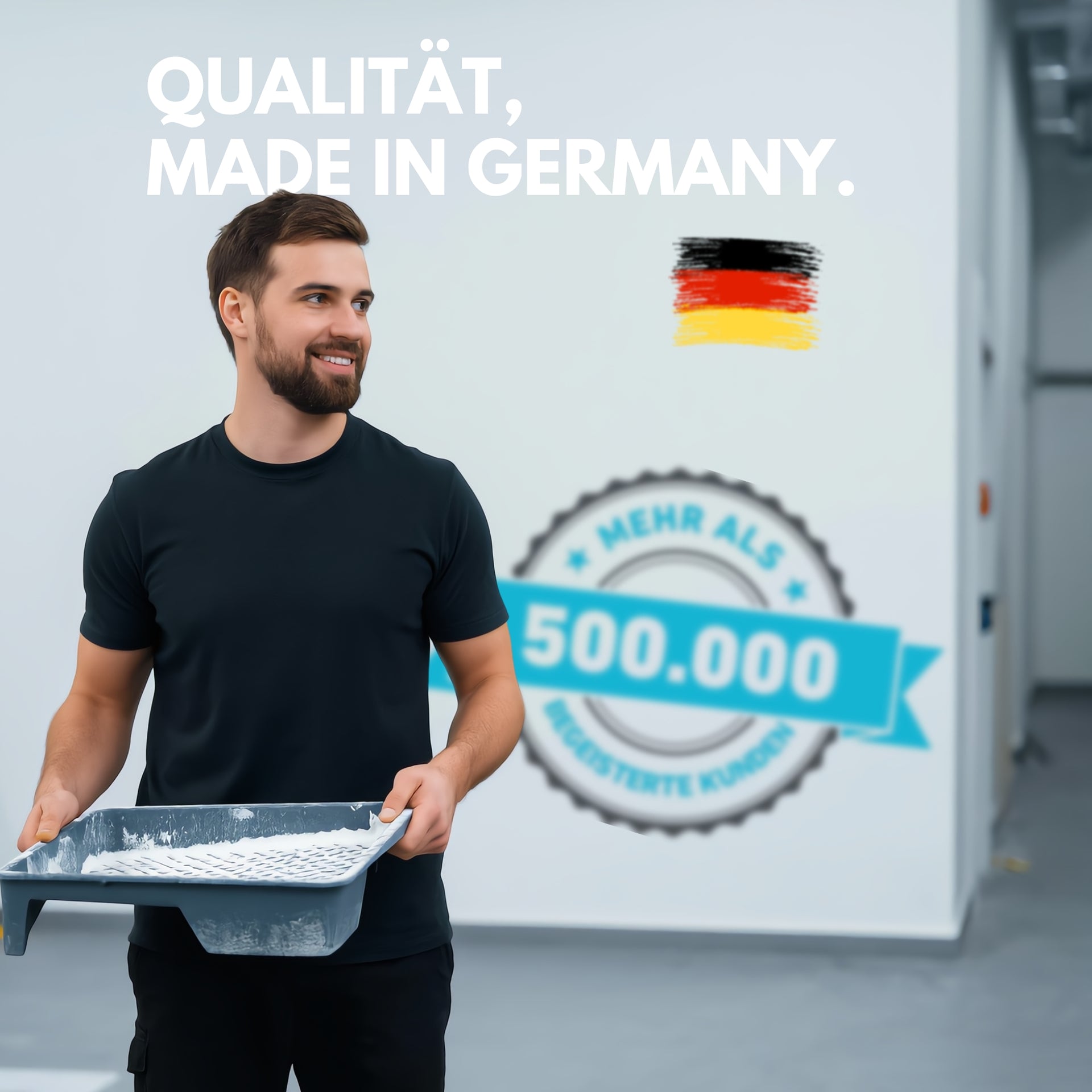 Mann mit Farbwanne – Qualitätsfarbe Made in Germany, über 500.000 zufriedene Kunden